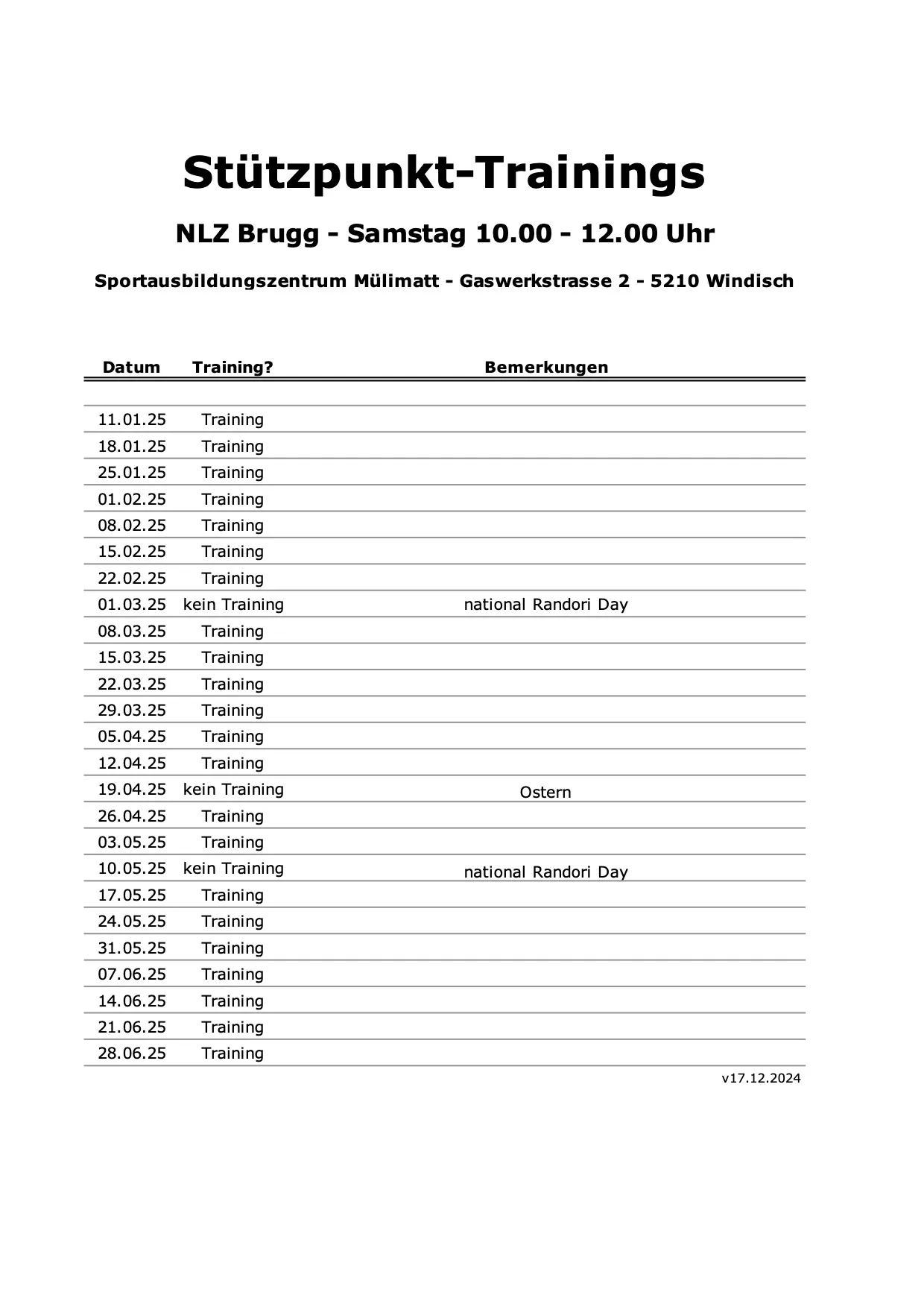 Stützpunkttrainings Terminplan 2025