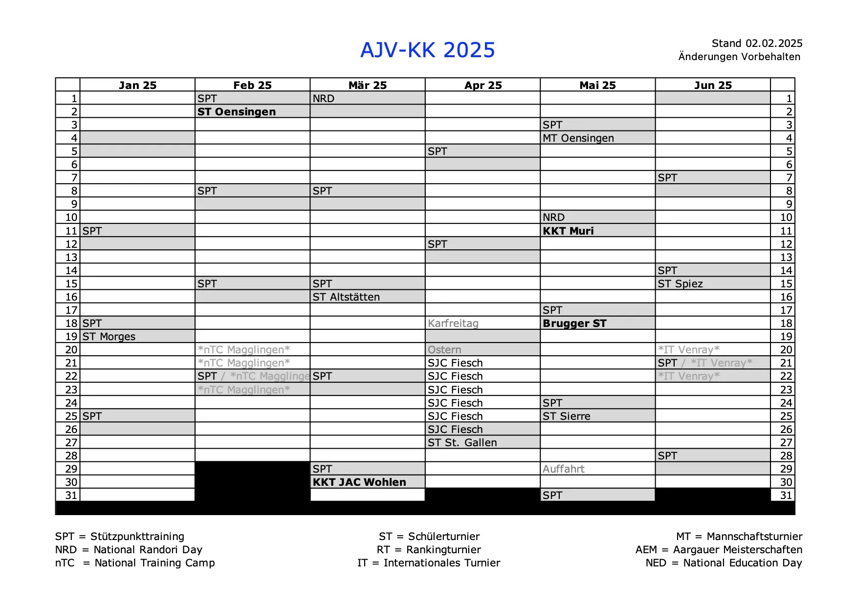 Terminkalender Kantonalkader Januar bis Juni 2025