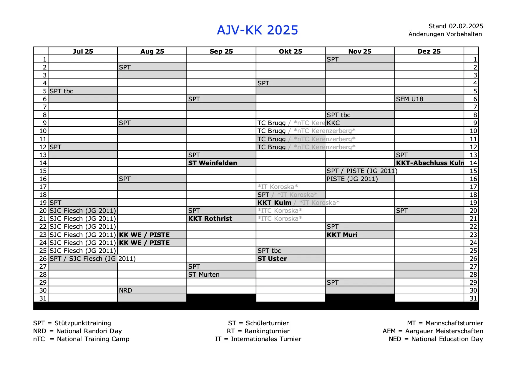 Terminkalender Kantonalkader Juli bis Dezember 2025